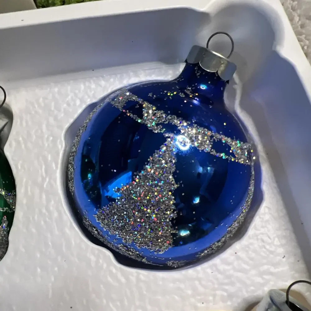Vintage Pyramid Set of 4 Glass Ball Glitter Trees Ornaments Red Green Blue Gold